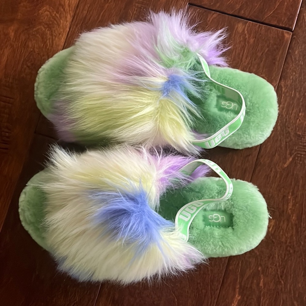 UGG green fluffy multicolor slippers